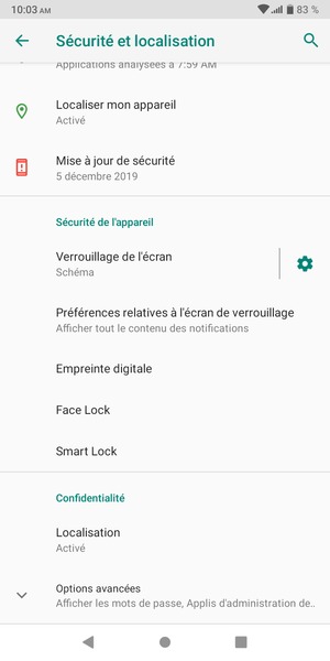 Pour modifier le code PIN de la carte SIM, faites défiler et sélectionnez Options avancées