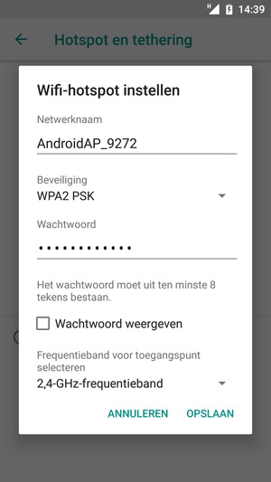 Voer een wachtwoord van een WiFi-hotspot in van ten minste 8 tekens en selecteer OPSLAAN