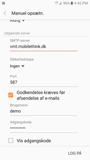 Scroll ned og indtast udgående serveradresse