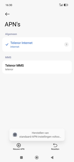 Uw telefoon wordt teruggezet naar standaard internet- en mms-instellingen