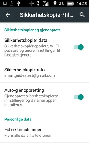 Slå på Sikkerhetskopier data og velg Sikkerhetskopikonto