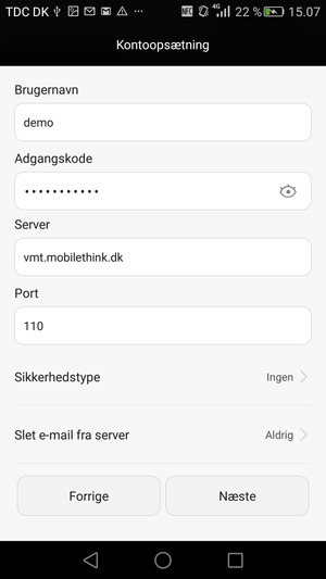Indtast Brugernavn og indgående serveradresse. Vælg Næste