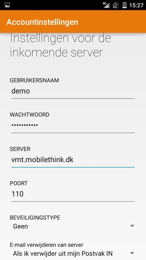 Voer Gebruikersnaam en binnenkomend serveradres in