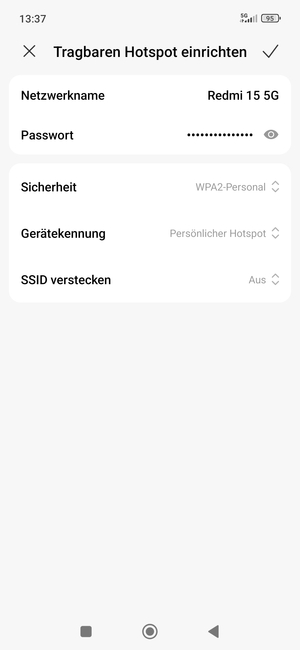 Geben Sie eine WLAN-Hotspot-Passwort mit mindestens 8 Zeichen ein und wählen Sie OK