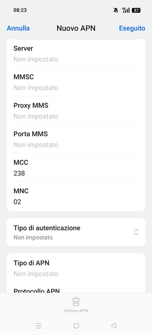 Scorri verso il basso e inserisci le informazioni di internet