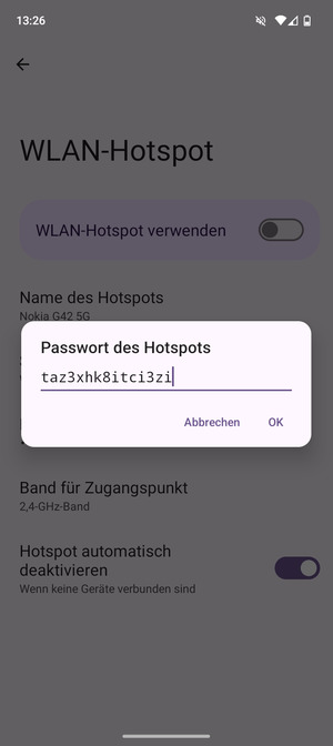 Geben Sie eine WLAN-Hotspot-Passwort mit mindestens 8 Zeichen ein und wählen Sie OK