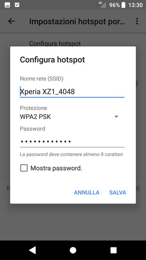 Inserisci una password dell'hotspot Wi-Fi di almeno 8 caratteri e seleziona SALVA