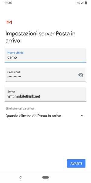 Inserisci Nome utente e l'indirizzo del server di posta in arrivo. Seleziona AVANTI