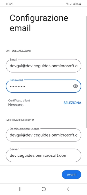 Inserisci Nome utente e l'indirizzo del server Exchange. Seleziona Avanti