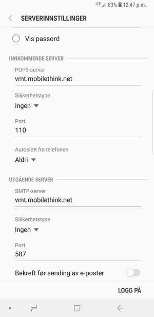 Slå av Bekreft før sending av e-poster  og velg LOGG PÅ