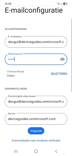 Voer Gebruikersnaam en Exchange serveradres in. Selecteer Volgende