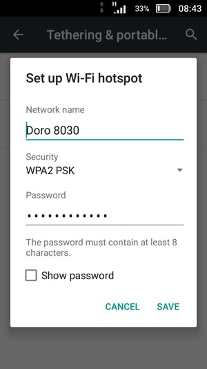 Enter a Wi-Fi hotspot password of at least 8 characters and select SAVE