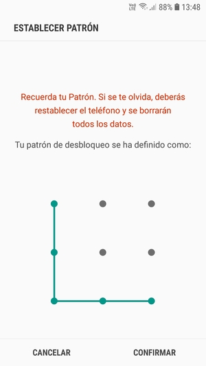 Dibuje de nuevo el patrón de desbloqueo y seleccione CONFIRMAR