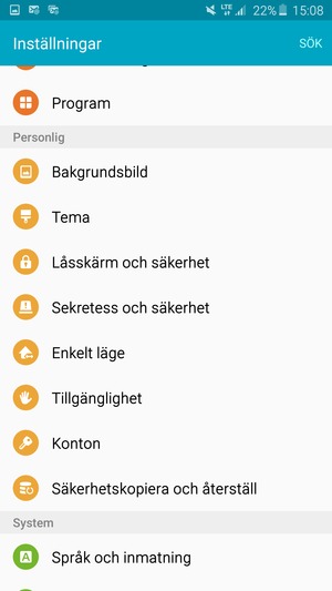 Scrolla till och välj Konton