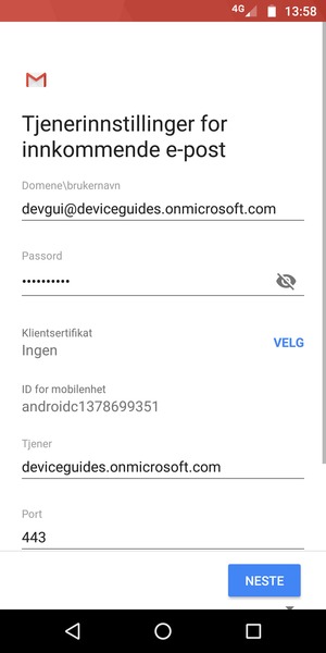 Skriv inn Brukernavn og Exchange serveradresse. Velg NESTE