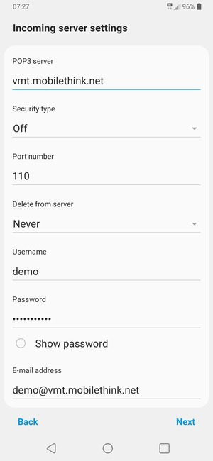 Enter Incoming server address and Username. Select Next