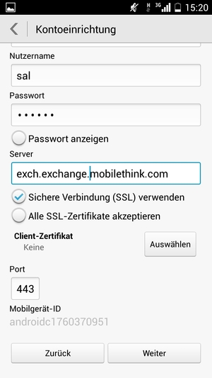 Geben Sie die Exchange-Server-Adresse ein und wählen Sie Weiter