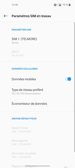Sélectionnez SIM 1 ou SIM 2