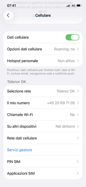 Seleziona Rete dati cellulare