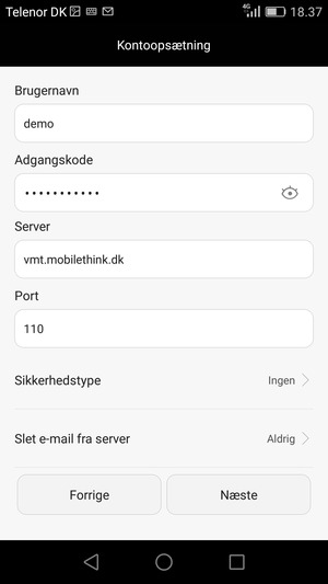 Indtast Brugernavn og indgående serveradresse. Vælg Næste