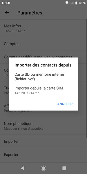 Sélectionnez Importer depuis la carte SIM