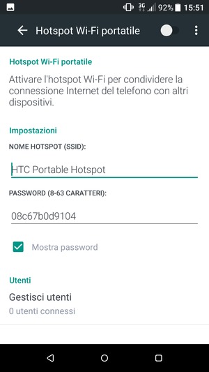 Inserisci una password di almeno 8 caratteri e abilita Hotspot Wi-Fi portatile