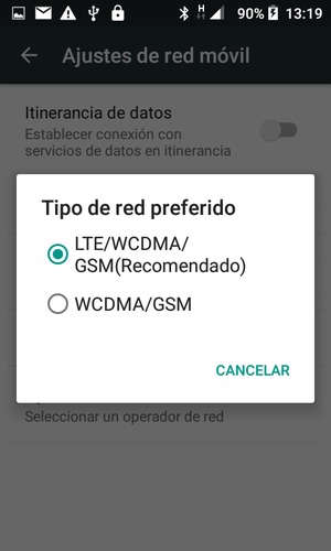 Seleccione WCDMA/GSM para habilitar 2G/3G y LTE/WCDMA/GSM (Recomendado) para habilitar 4G