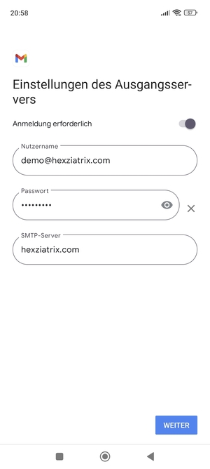 Geben Sie die Server-Adresse für ausgehende Post ein und wählen Sie WEITER