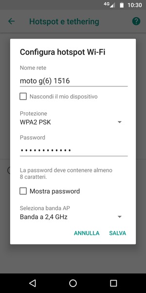 Inserisci una password dell'hotspot Wi-Fi di almeno 8 caratteri e seleziona SALVA