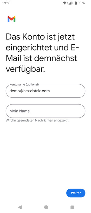 Geben Sie Ihrem Konto einen Namen und geben Sie Ihren Namen ein. Wählen Sie Weiter