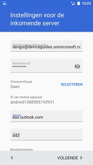 Voer Gebruikersnaam en Exchange serveradres in. Selecteer VOLGENDE
