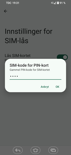 Skriv inn Gammel PIN-kode for SIM-kort og velg OK