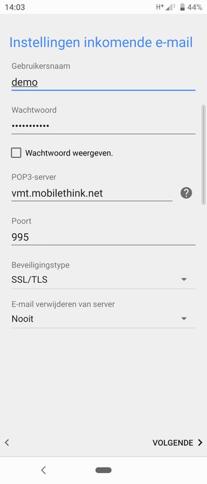 Voer Gebruikersnaam en binnenkomend serveradres in