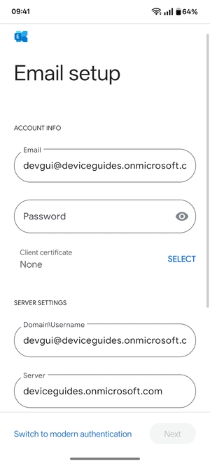 Enter Username and Exchange server address. Select Next