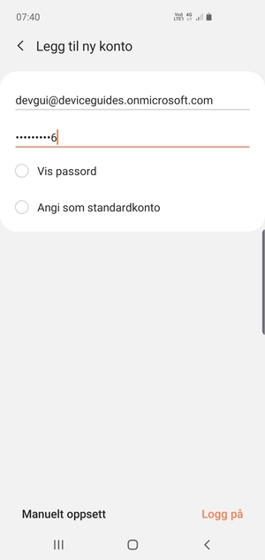 Skriv inn e-postadresse og passord. Velg Manuelt oppsett