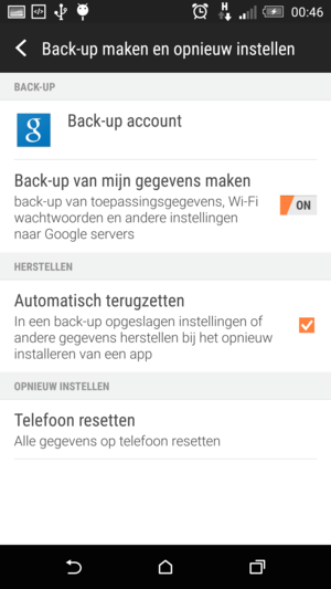 Selecteer Back-up account