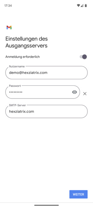 Geben Sie die Server-Adresse für ausgehende Post ein und wählen Sie WEITER