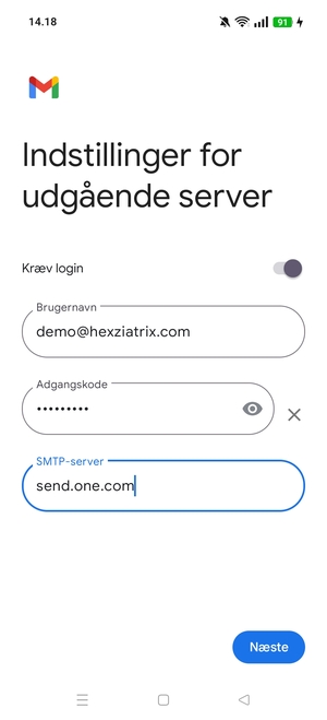 Indtast Udgående serveradresse og vælg Næste