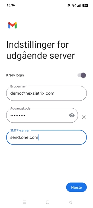 Indtast udgående serveradresse. Vælg Næste