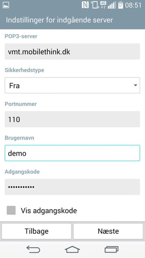 Indtast Indgående serveradresse og Brugernavn. Vælg Næste