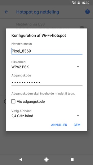 Indtast en Wi-Fi-hotspot adgangskode på minimum 8 tegn og vælg GEM