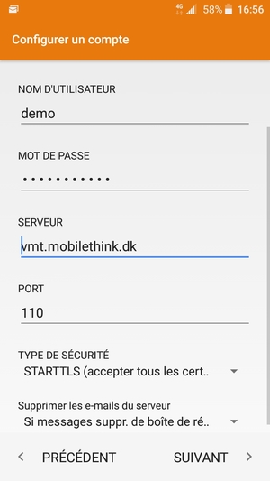 Saisissez votre NOM D'UTILISATEUR et l'adresse du serveur entrant. Sélectionnez SUIVANT