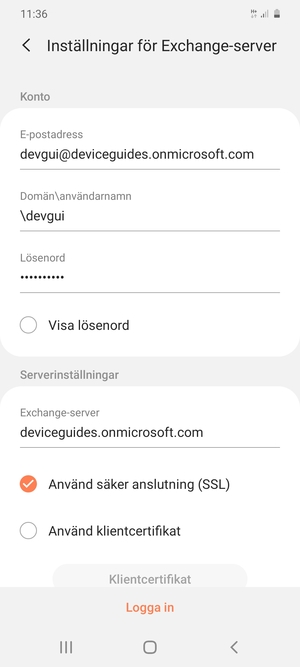 Ange Användarnamn och Exchange serveradress. Välj Logga in