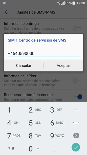 Introduzca el número de SIM Centro de servicios de SMS y seleccione Aceptar