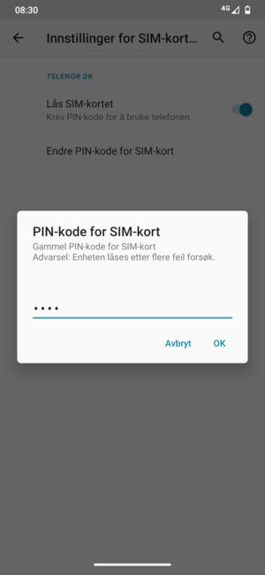 Skriv inn Gammel PIN-kode for SIM-kort og velg OK