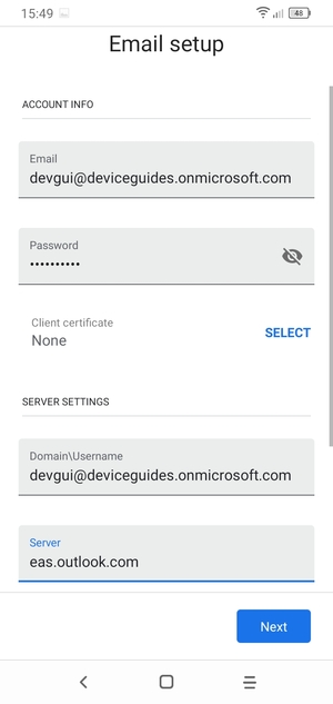 Enter Username and Exchange server address. Select NEXT