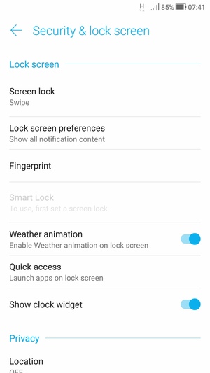 To activate your screen lock, go to the Security & location menu and select Screen lock