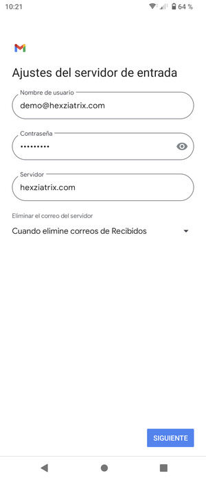 Introduzca Nombre de usuario y la dirección de servidor entrante. Seleccione SIGUIENTE