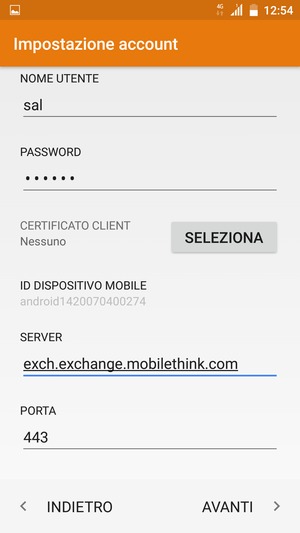 Inserisci NOME UTENTE e l'indirizzo del server Exchange. Seleziona AVANTI