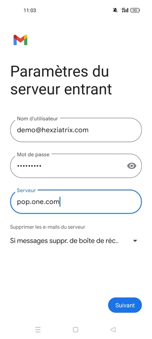 Saisissez votre Nom d'utilisateur et l'adresse du serveur entrant. Sélectionnez Suivant